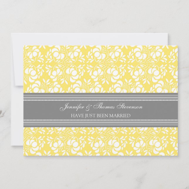 Lemon Gray Damask Just Married Announctions Cards Ankündigung (Vorderseite)