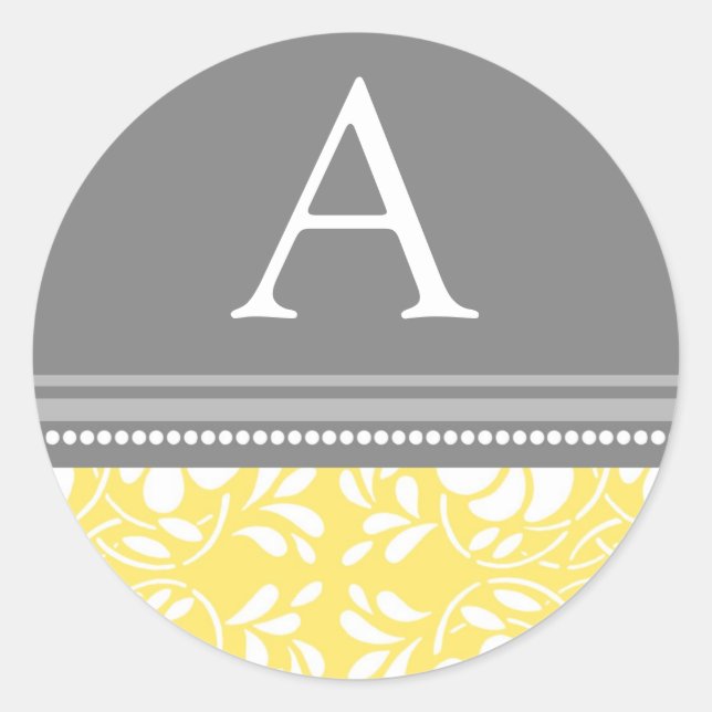Lemon Gray Damask Monogram Umschlag Aufkleber (Vorderseite)
