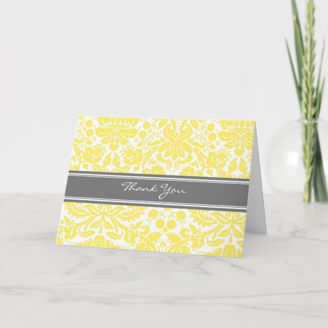 Lemon Gray Damask Wedding Dankeschön Card Dankeskarte (Vorderseite)