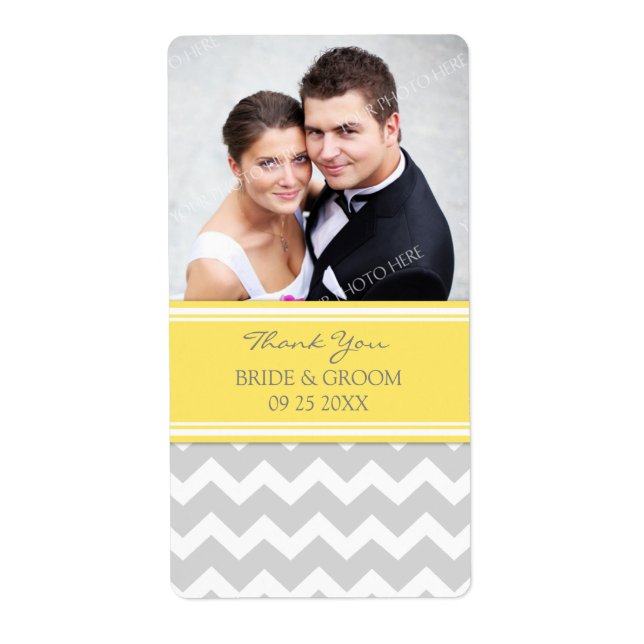 Lemon Gray Zickzack Foto Wedding Labels (Vorne)