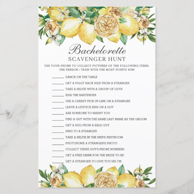 Lemon Greenery Bachelorette Scavenger Hunt Game (Vorderseite)