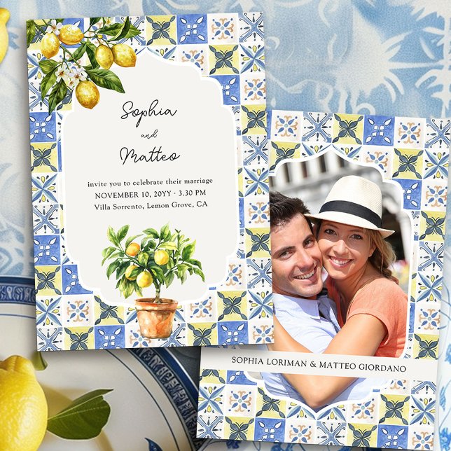 Lemon Grove Blue Yellow Italienisch Inspiriert Hoc Einladung (Wedding Invitation with Photo from the Lemon Grove Wedding Collection by Darling & May)