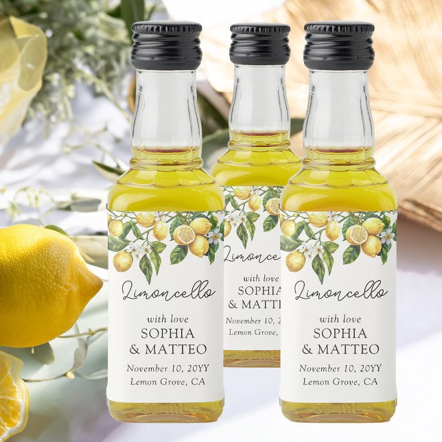 Lemon Grove Italian Wedding Limoncello Gevor Alkoholflaschenetikett (Limoncello favor bottle labels from the Lemon Grove Wedding Collection by Darling & May)