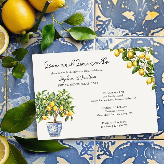 Lemon Grove Liebe und Limoncello Probe Dinner Einladung (Wedding Rehearsal Dinner Invitation from the Lemon Grove Wedding Collection by Darling & May)