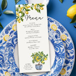 Lemon Grove Rustic Italienische Theme Wedding Menükarte<br><div class="desc">Lemon Grove Hochzeitsmenü mit vollständig bearbeitbaren Menüpunkten. Das Design besteht aus Zitronenbäumen, blauen und gelben mediterranen Fliesen und einem Zitronenzweig mit grünen und blühenden Blume. Ideal für ein Zitronenhochzeitenthema, eine inspirierte Hochzeit in Italien, eine rustikale mediterrane Villa in ästhetischen, blauen und gelben Hochzeitsfarben oder eine Hochzeit im Freien zu jeder...</div>