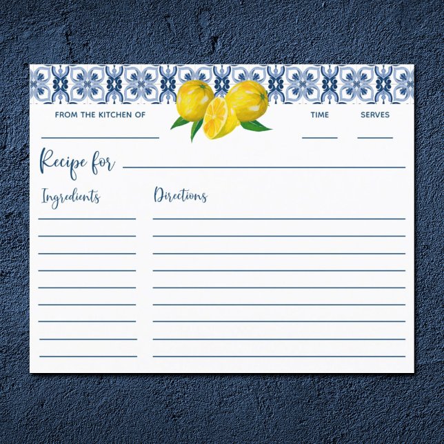Lemon Italian Blue Tile Brautparty Rezept Card (Von Creator hochgeladen)