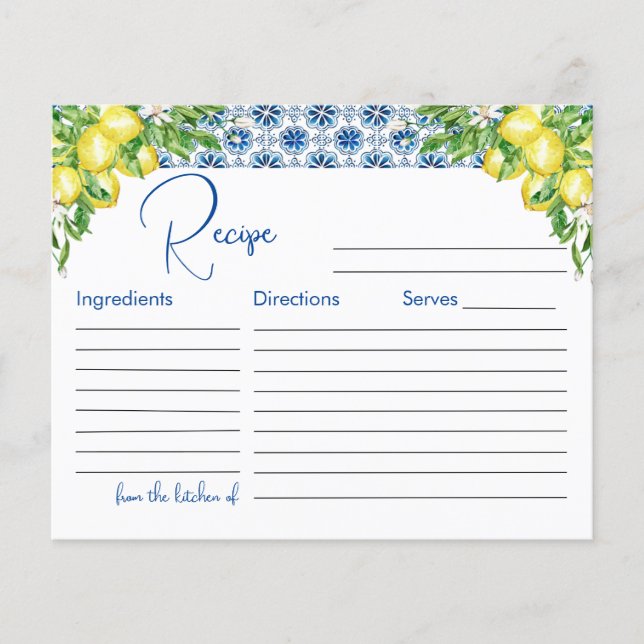 Lemon Italian Blue Tile Brautparty Rezept Card (Vorderseite)