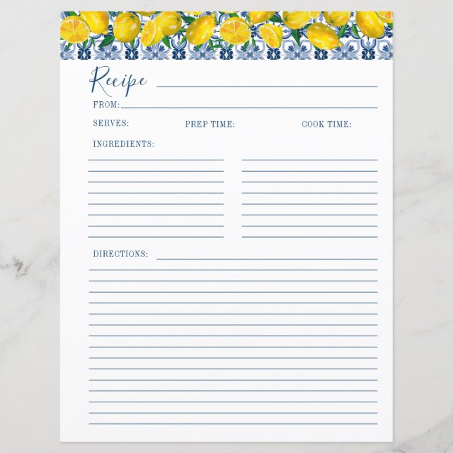 Lemon Italian Blue tile Bridal Shower Recipe Card  (Vorderseite)