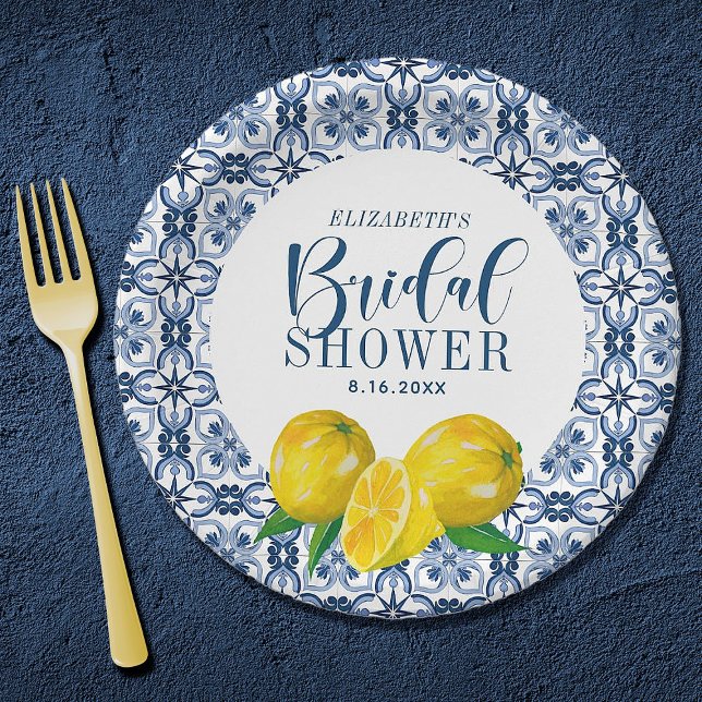 Lemon Italian Blue Tile Wedding Danke Sticker Pappteller (An elegant lemon Mediterranean bridal shower paper plate)