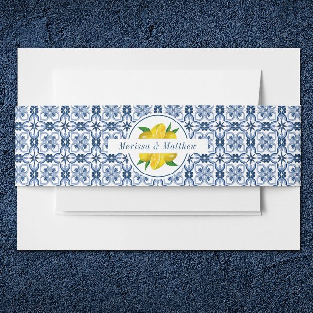 Lemon Italian Blue Tile Wedding Einladungsbanderole (Von Creator hochgeladen)