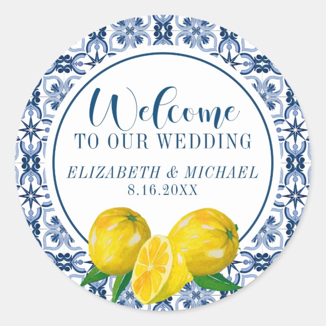 Lemon Italian Blue Tile Wedding Willkommensticker Runder Aufkleber (Vorderseite)