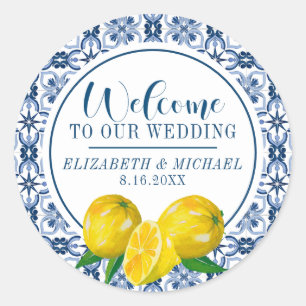 Lemon Italian Blue Tile Wedding Willkommensticker Runder Aufkleber