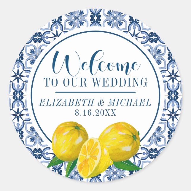 Lemon Italian Blue Tile Wedding Willkommensticker Runder Aufkleber (Vorderseite)