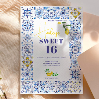 Lemon Italienische blaue Fliesen Aquarell Sweet 16 Einladung