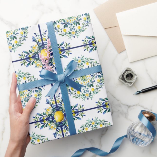 Lemon italienisches Tile Blau und Weiß Blumendekou Geschenkpapier (Schenken)