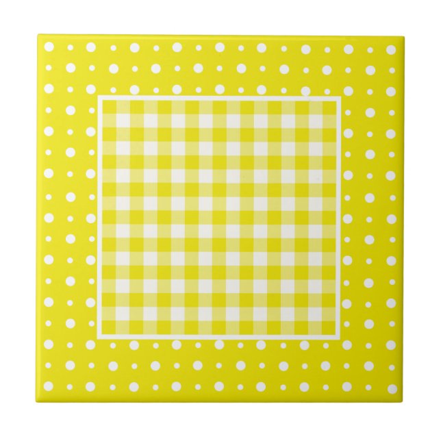 Lemon Keramik Tile, Karo Gingham und Polka Dots Fliese (Vorderseite)