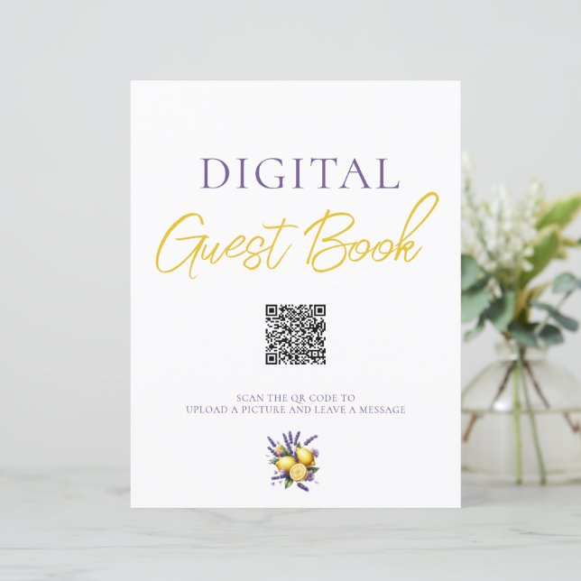 Lemon Lavender Digital Guest Book QR Code-Zeichen (Stehend Vorderseite)