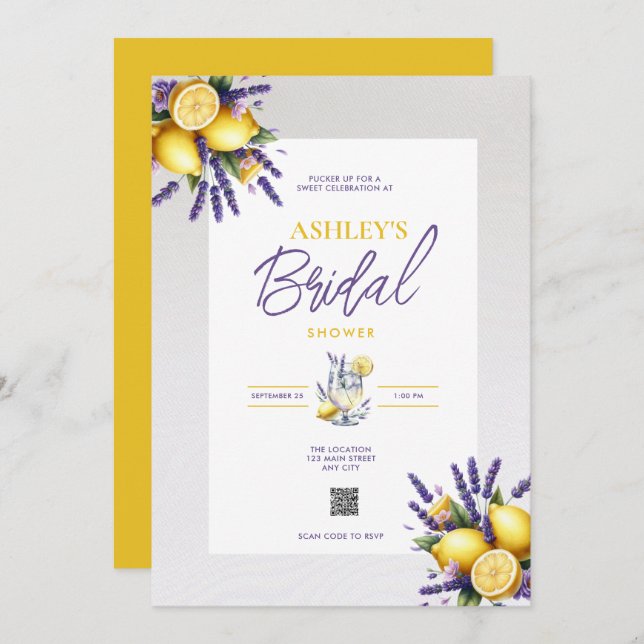 Lemon Lavender QR Code Bridal Dusche Einladung (Vorne/Hinten)