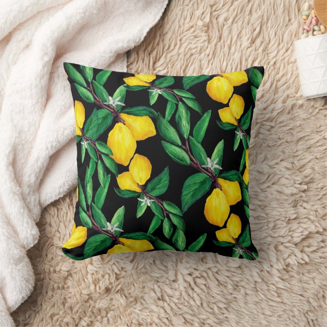 Lemon Leaf Yellow Green Black Pattern Throw Pillow Kissen (Decke)