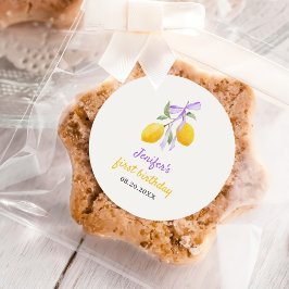 Lemon Lila Bow Erste Geburtstagsparty Runder Aufkleber