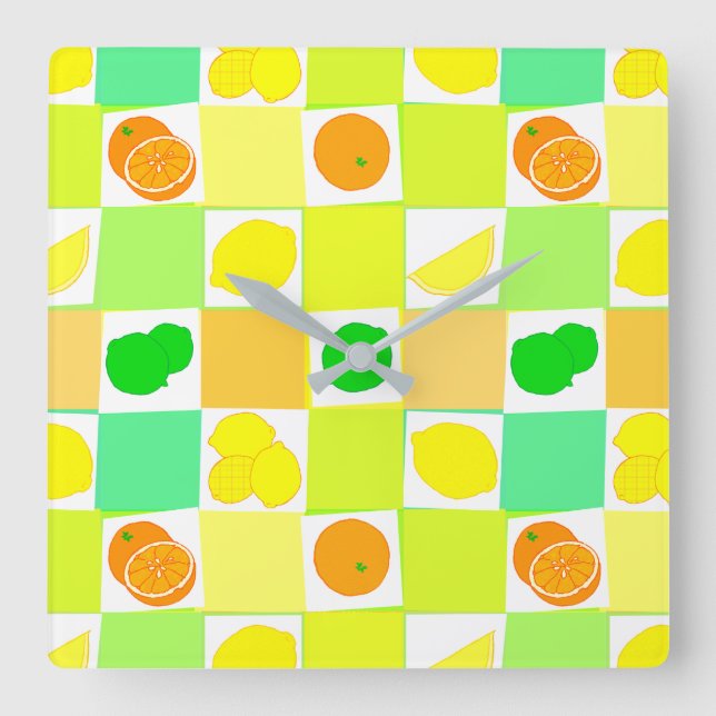 Lemon Limon und Orange Pattern Kitchenuhr Quadratische Wanduhr (Vorderseite)