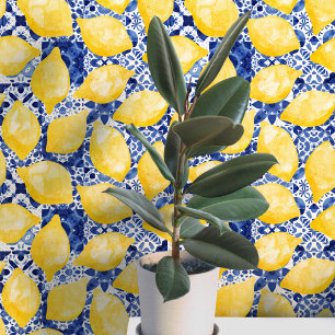 Lemon Mediteran Tile Blue Yellow Watercolor Tapete