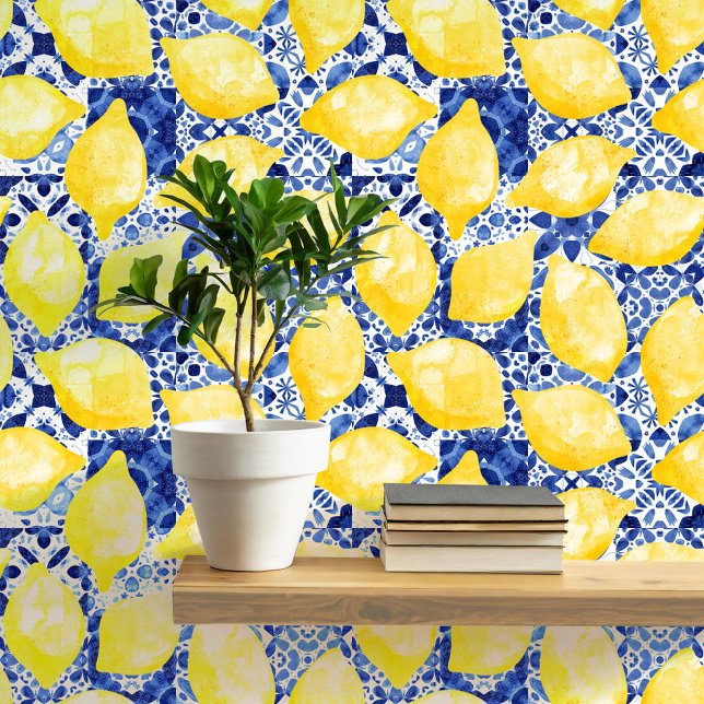 Lemon Mediteran Tile Blue Yellow Watercolor Tapete (Mediterranean blue and white tiles with yello citrus lemons pattern art peel and stick wallpaper )