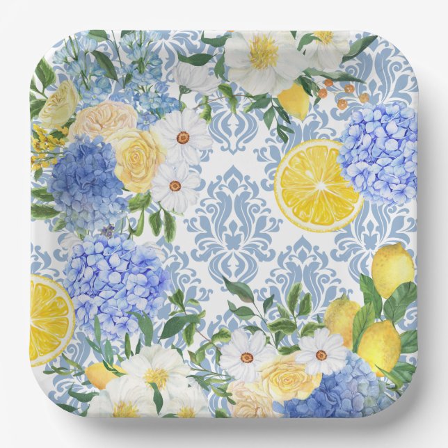 Lemon Mediterrane Tile Blau und Gelb Pappteller (Vorderseite)