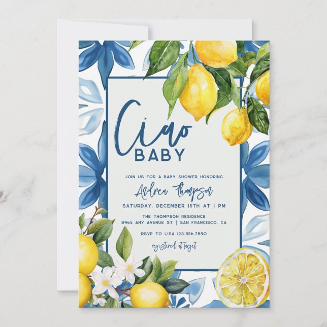Lemon Mediterranean Blue Tile Baby Dusche Einladung (Vorderseite)
