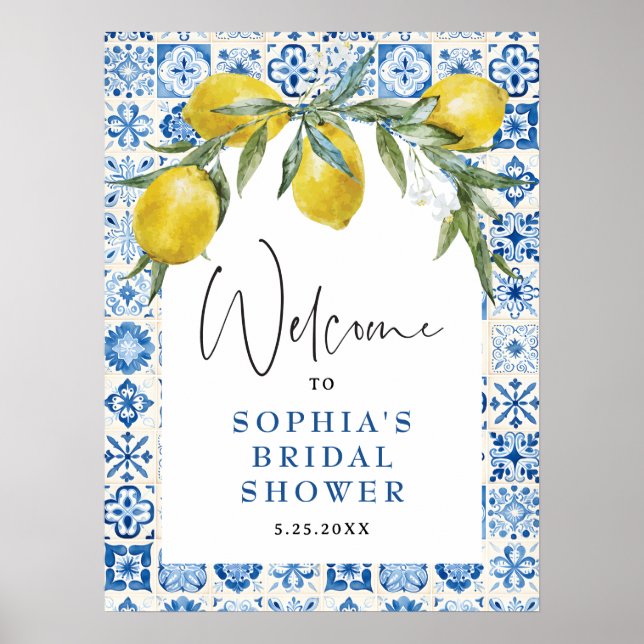 Lemon Mediterranean Blue Tile Brautparty Poster (Vorne)