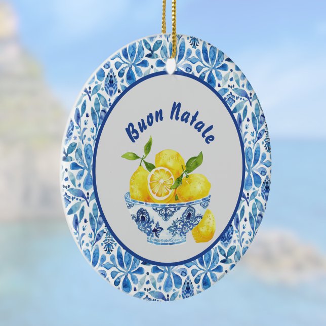 Lemon Mediterranean Buon Natale Azulejo Blue Toile Keramik Ornament (Von Creator hochgeladen)