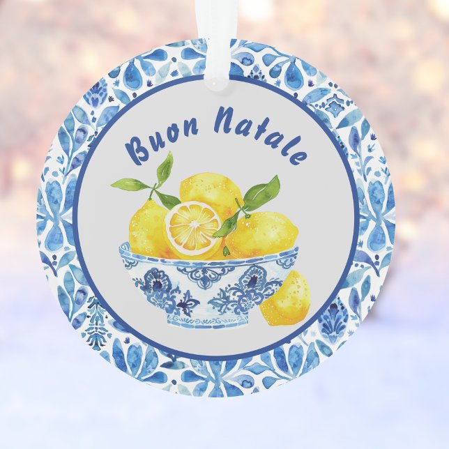 Lemon Mediterranean Buon Natale Azulejo Blue Toile Ornament (Von Creator hochgeladen)
