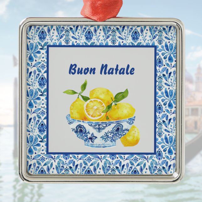 Lemon Mediterranean Buon Natale Azulejo Blue Toile Ornament Aus Metall (Von Creator hochgeladen)