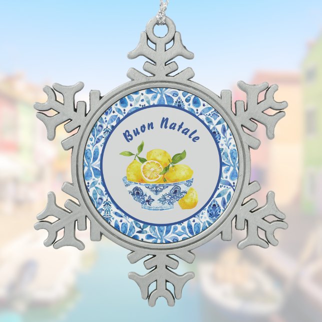 Lemon Mediterranean Buon Natale Azulejo Blue Toile Schneeflocken Zinn-Ornament (Von Creator hochgeladen)
