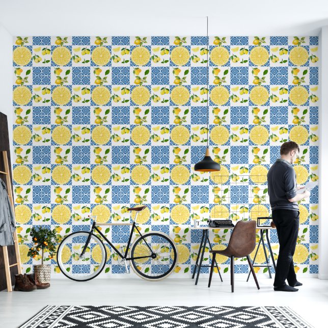 Lemon Mediterranean French Country Tile Pattern Tapete (Wohnbereich)