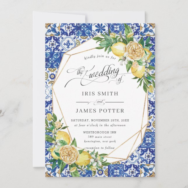 Lemon Mediterranean Greenery Geometric Wedding Einladung (Vorderseite)