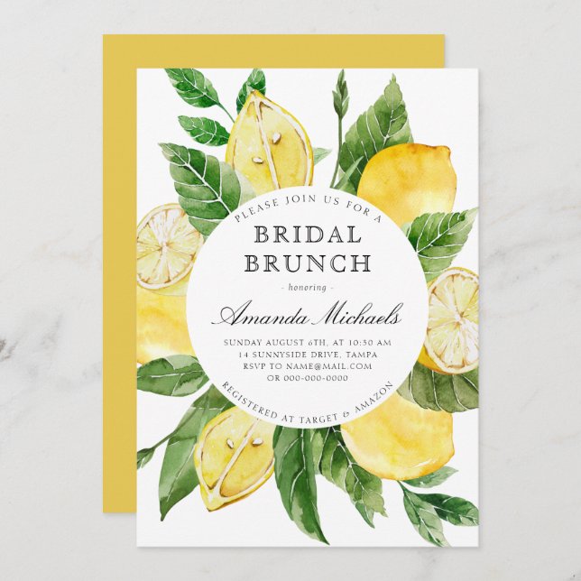Lemon Mediterranean Yellow Bridal Brunch Dusche Einladung (Vorne/Hinten)