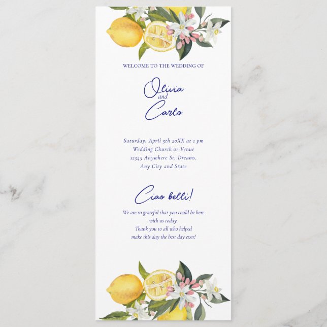 Lemon Mediterranean Zeremony Wedding Programm (Vorderseite)