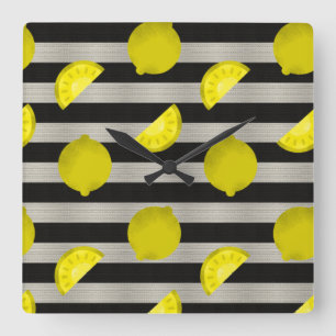 Lemon Modern Black & White Stripes Quadratische Wanduhr