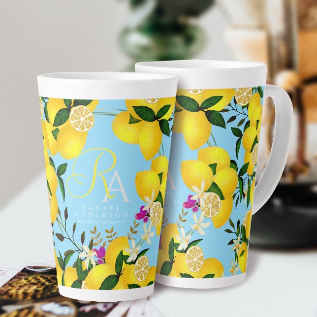 Lemon Monogram Blue Milchtasse (Lemon Monogram Blue Latte Mug. )