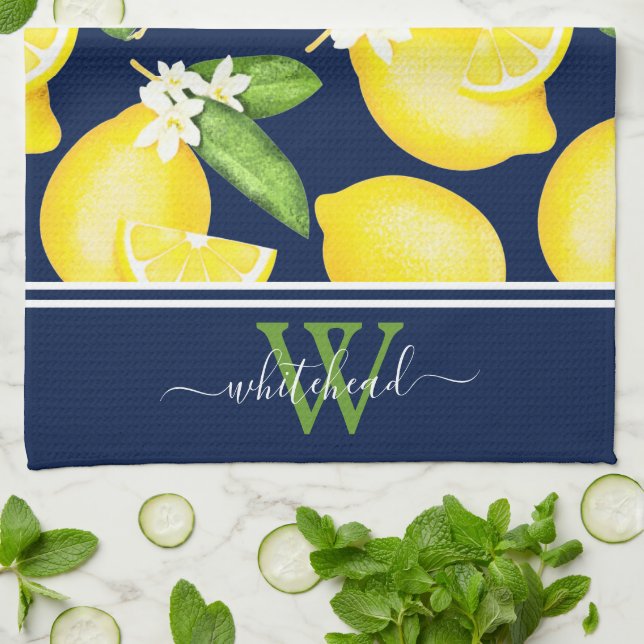 Lemon Monogram Botanic Navy Blue Geschirrtuch (Gefaltet)
