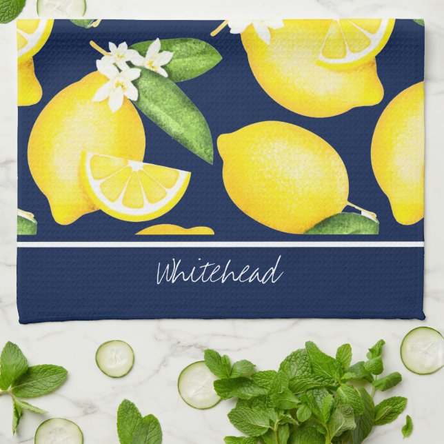 Lemon Monogram Botanic Pattern Navy Blue Geschirrtuch (Gefaltet)