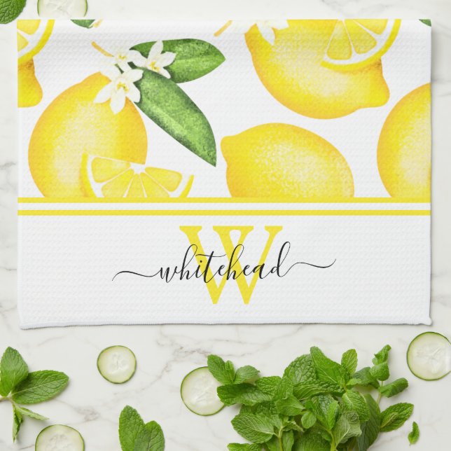 Lemon Monogram Botanisch White  Geschirrtuch (Gefaltet)