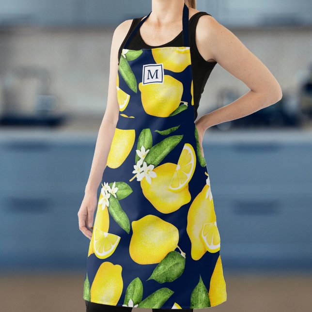 Lemon Monogram Citrus Navy Blue Schürze (Von Creator hochgeladen)