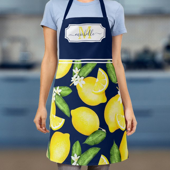 Lemon Monogram Initial Citrus Navy Blue Schürze (Von Creator hochgeladen)