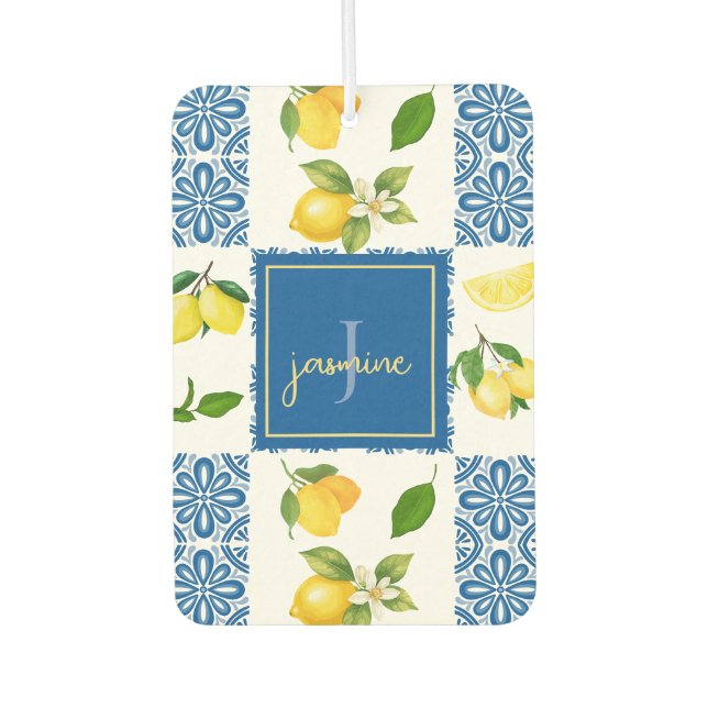Lemon Monogram Name French Country Tile Pattern Autolufterfrischer (Vorderseite)