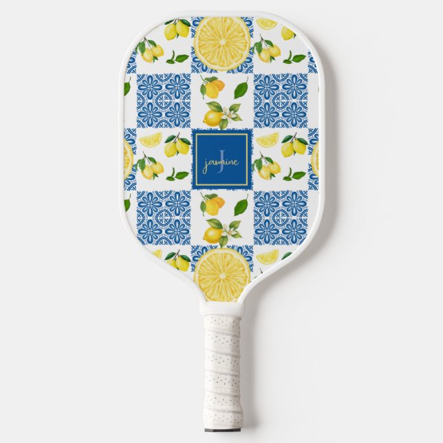 Lemon Monogram Name French Country Tile Pattern Pickleball Schläger (Vorderseite)