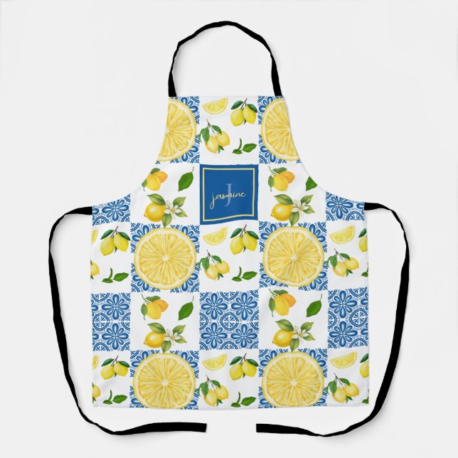 Lemon Monogram Name French Country Tile Pattern Schürze (Vorderseite)