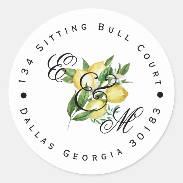 Lemon Monogram Rücksendeadresse Classic Round Runder Aufkleber (Vorderseite)