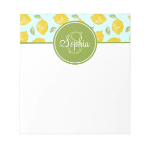 Lemon Muster Gelb Grün und Blau Monogramm Notizblock